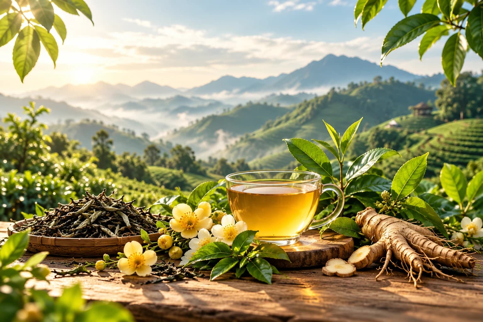 Tách trà giữa đồi chè buổi sớm
